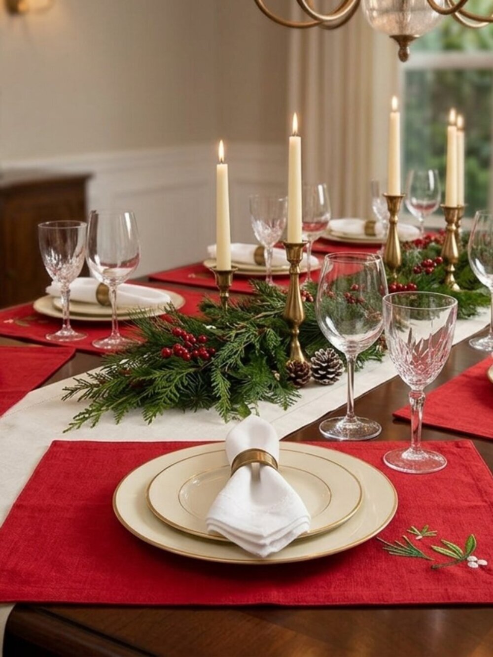 Tag Red Holiday Floral Embroidered Diner Table Placemat Settings For Eight Party